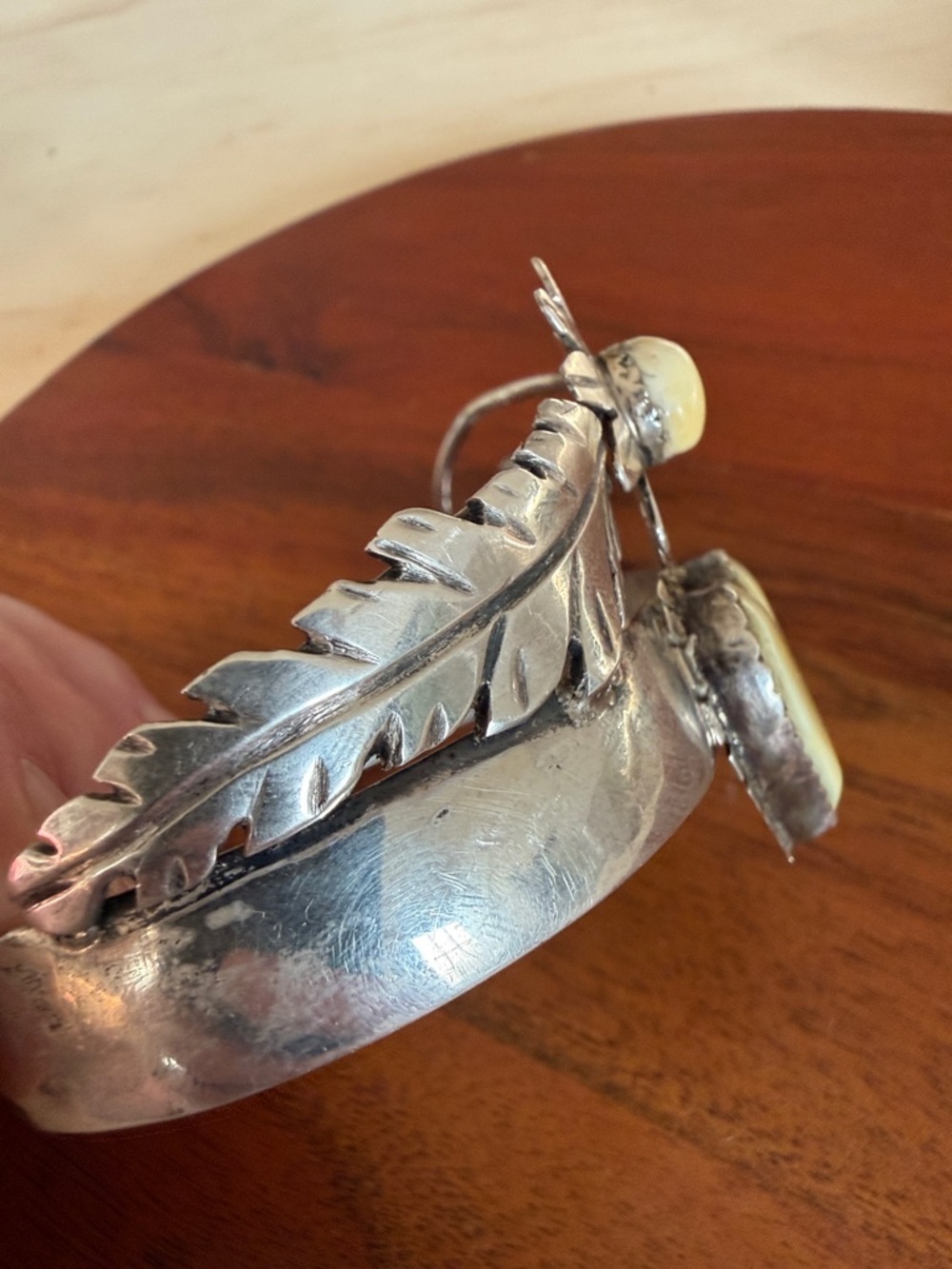 Navajo Artist Bill Kirkham Sterling Floral Leaf and Heart Cuff Bracelet - Picture 5 of 8